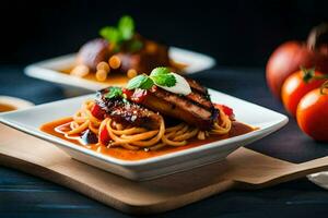 a plate of spaghetti with meat and tomatoes. AI-Generated photo