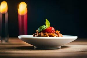 a plate of pasta with a strawberry on top. AI-Generated photo