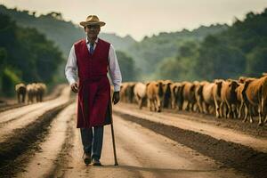 a man in a red vest and hat walking down a dirt road with cattle. AI-Generated photo