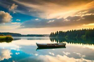 a boat is floating on a calm lake with trees and clouds. AI-Generated photo