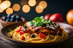 chicken breast with pasta and tomatoes on a wooden table. AI-Generated photo