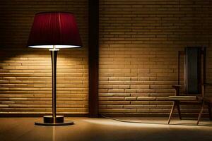 un lámpara es sentado en un mesa en frente de un ladrillo pared. generado por ai foto