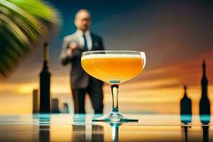 a man in a suit standing in front of a cocktail. AI-Generated photo