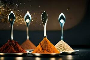 spoons with different spices on them. AI-Generated photo