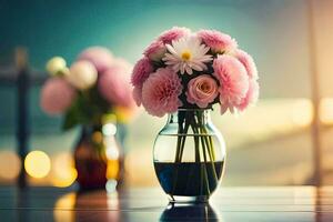 pink flowers in a vase on a table. AI-Generated photo