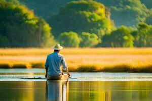 un hombre en un sombrero es remar un canoa en un lago. generado por ai foto