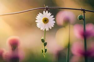 a single daisy is hanging from a wire. AI-Generated photo