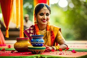 a woman in traditional indian attire sits on a table with colorful pots. AI-Generated photo