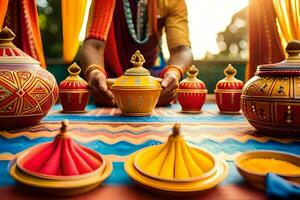 a man is preparing some colorful pots and bowls. AI-Generated photo