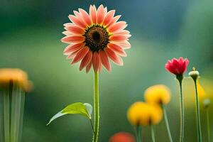 un soltero rosado flor es en pie en frente de un campo de amarillo y rojo flores generado por ai foto