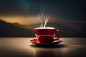 a red cup of coffee on a table with mountains in the background. AI-Generated photo