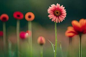 a pink flower stands out in a field of red flowers. AI-Generated photo