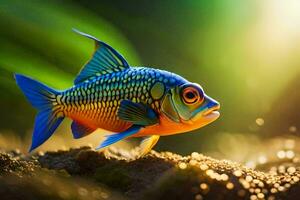 a fish with bright colors is standing on the ground. AI-Generated photo