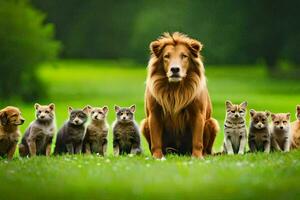 un león y un grupo de cachorros en el césped. generado por ai foto