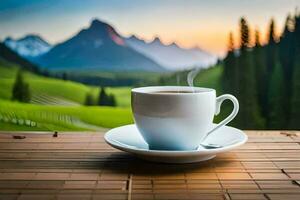 a cup of coffee on a wooden table in the mountains. AI-Generated photo