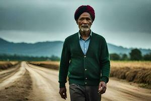 an old man in a green sweater and a turban walks down a dirt road. AI-Generated photo