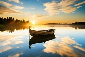 un barco en un lago a puesta de sol. generado por ai foto