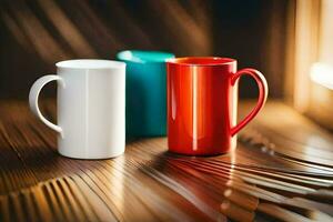 two coffee mugs on a wooden table. AI-Generated photo