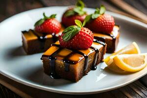 a plate topped with chocolate cake, strawberries and lemon. AI-Generated photo