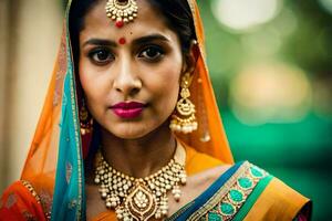 a beautiful indian woman wearing a traditional sari. AI-Generated photo