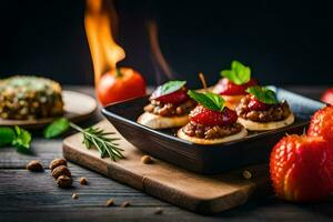 food on a wooden table with a fire. AI-Generated photo