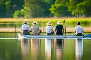 four men in a boat on a lake. AI-Generated photo