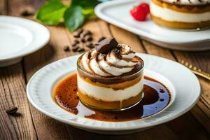 the dessert is served on a white plate with a spoon. AI-Generated photo