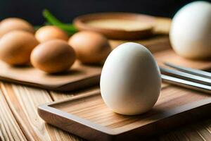 eggs on a cutting board with fork and knife. AI-Generated photo