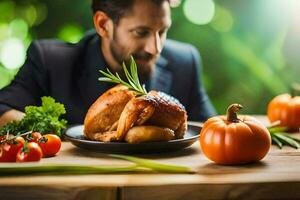 un hombre es comiendo un asado Turquía en un mesa. generado por ai foto