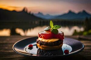 a dessert on a plate with mountains in the background. AI-Generated photo