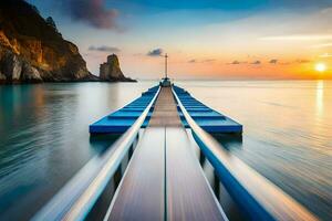 a long exposure photograph of a dock at sunset. AI-Generated photo