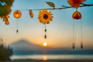 sunflower hanging from a tree with a sunset in the background. AI-Generated photo