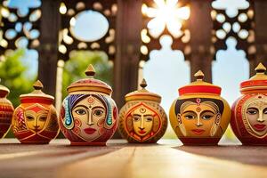 indio cerámica frascos con caras. generado por ai foto