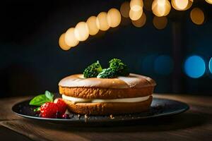 a cake with broccoli and strawberries on a black plate. AI-Generated photo