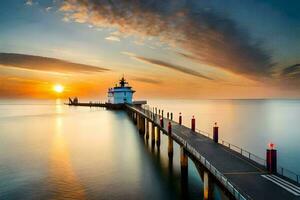 a long exposure photograph of a lighthouse at sunset. AI-Generated photo