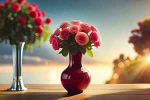 roses in vase on table with sunset in background. AI-Generated photo