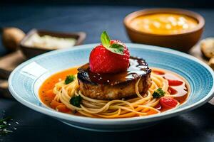 a plate of spaghetti with meat and sauce. AI-Generated photo