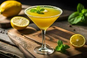 a cocktail with lemon and mint on a cutting board. AI-Generated photo