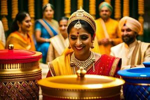 a bride in traditional indian attire smiles as she holds a pot. AI-Generated photo