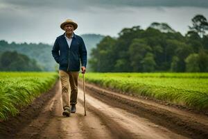 a man walking on a dirt road in a field. AI-Generated photo