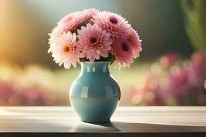 a vase with pink flowers on a table. AI-Generated photo