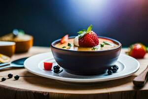 a bowl of soup with strawberries and a spoon. AI-Generated photo