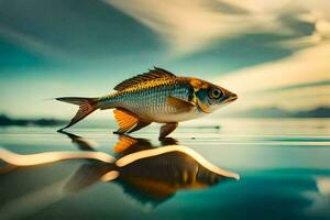 un pescado es en pie en el agua con un puesta de sol en el antecedentes. generado por ai foto