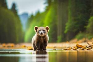 a bear cub walking along the edge of a lake. AI-Generated photo