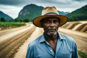 a man in a hat standing on a dirt road. AI-Generated photo