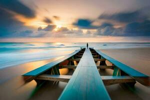 a long exposure photo of a pier on the beach. AI-Generated