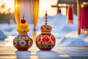 two colorful vases sitting on a wooden table. AI-Generated photo