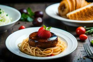 a plate of food with spaghetti and strawberries. AI-Generated photo