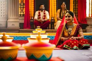 a bride and groom sitting on the floor with their wedding party. AI-Generated photo