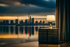 a lamp sits on a table in front of a city skyline. AI-Generated photo